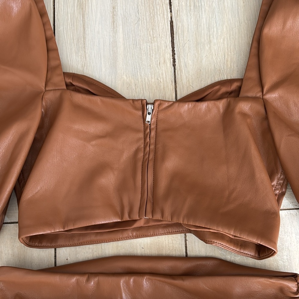 MAJORELLE Revolve Faux Leather Camel Brown Skirt & Crop Top Set Small - Picture 10 of 12
